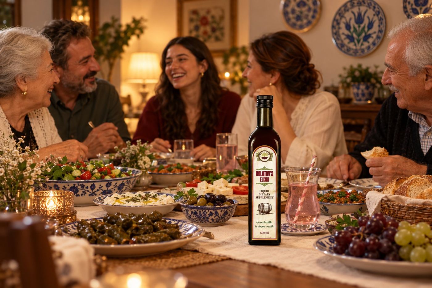 Akşam yemeğinde bir aile, masada Bolotov Balsamı ve bir bardak su