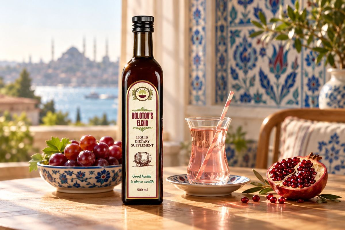 Bolotov Balsamı şişesi, İstanbul manzaralı bir masada