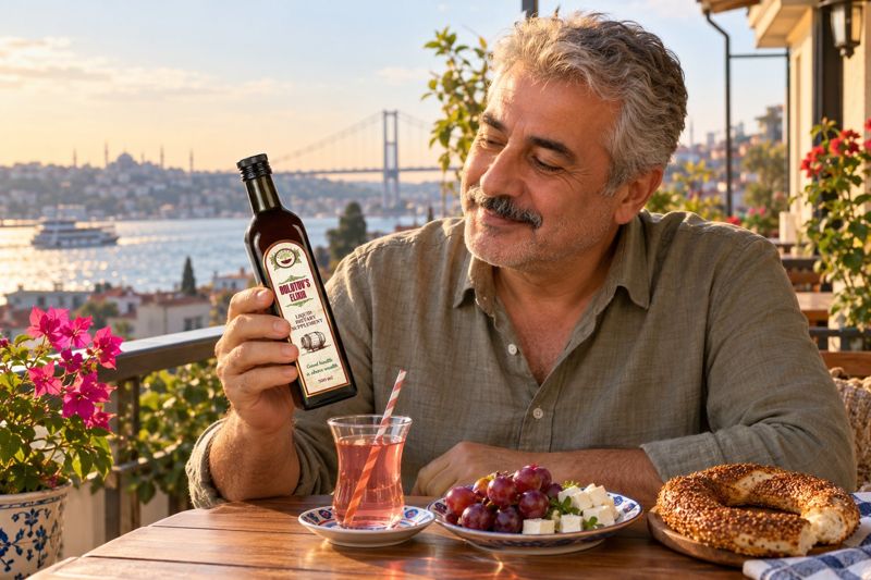 Boğaz manzaralı balkonda Bolotov Balsamı tutan adam