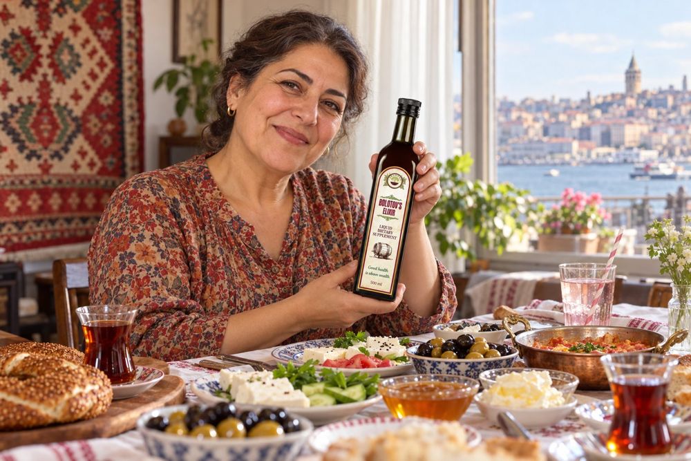 Türk kahvaltısında Bolotov Balsamı tutan kadın